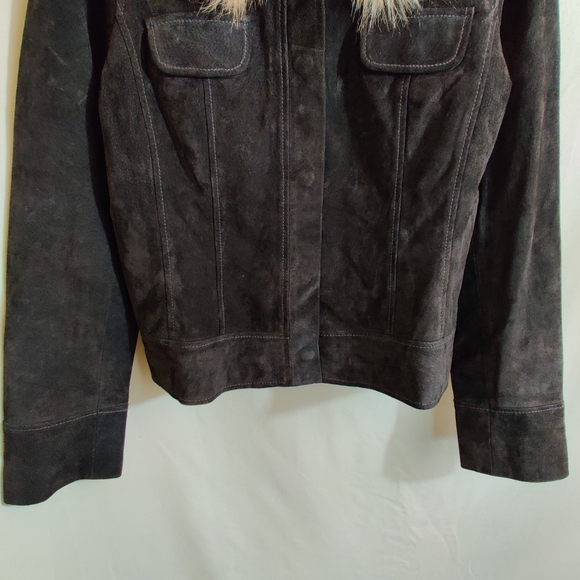 CALSON Brown Suede 100% Leather, Faux Fur Collar Long Sleeve Button Up Jacket L - Picture 3 of 10